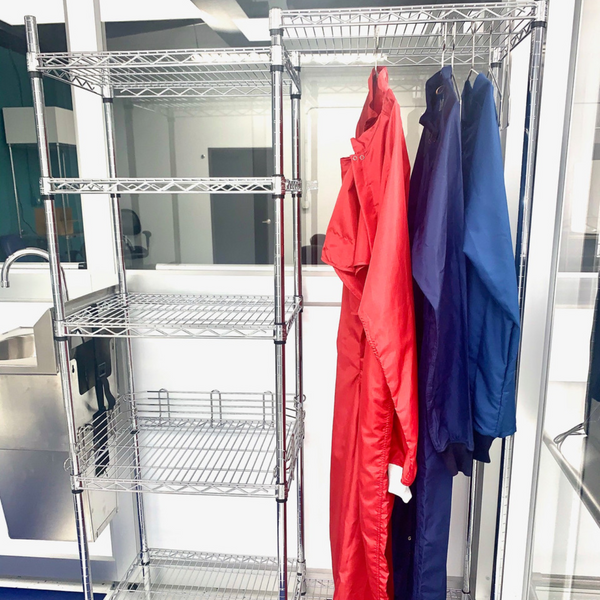 Stainless Steel Gowning Racks: Includes Posts, Shelves, Hanger Tube, Hangers, 18" x 48" x 74"H, CRW-GR-S