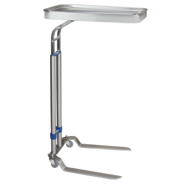 Double Pole Stainless Steel Mayo Stand: Two Posts with Two-pronged Base, Stainless Steel Medium Tray, 2" Rollerblade Casters, BL-8869SS