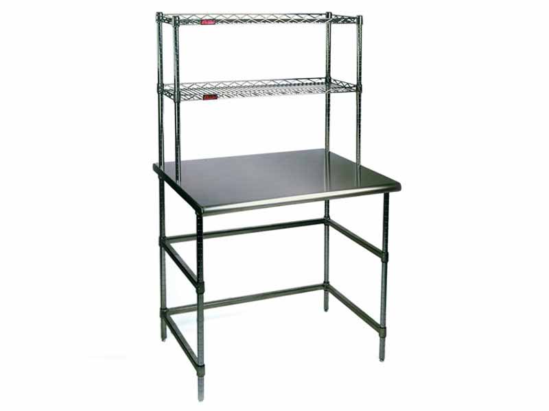 Cleanroom Stainless Steel Work Table with Chrome C-Frame Base and Over-Shelves